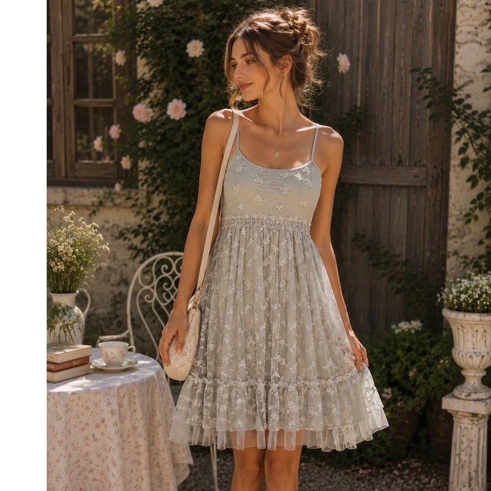 Altar'd State Floral‎ Lace Mesh Tiered Ruffle Dress Sage Grey  Small